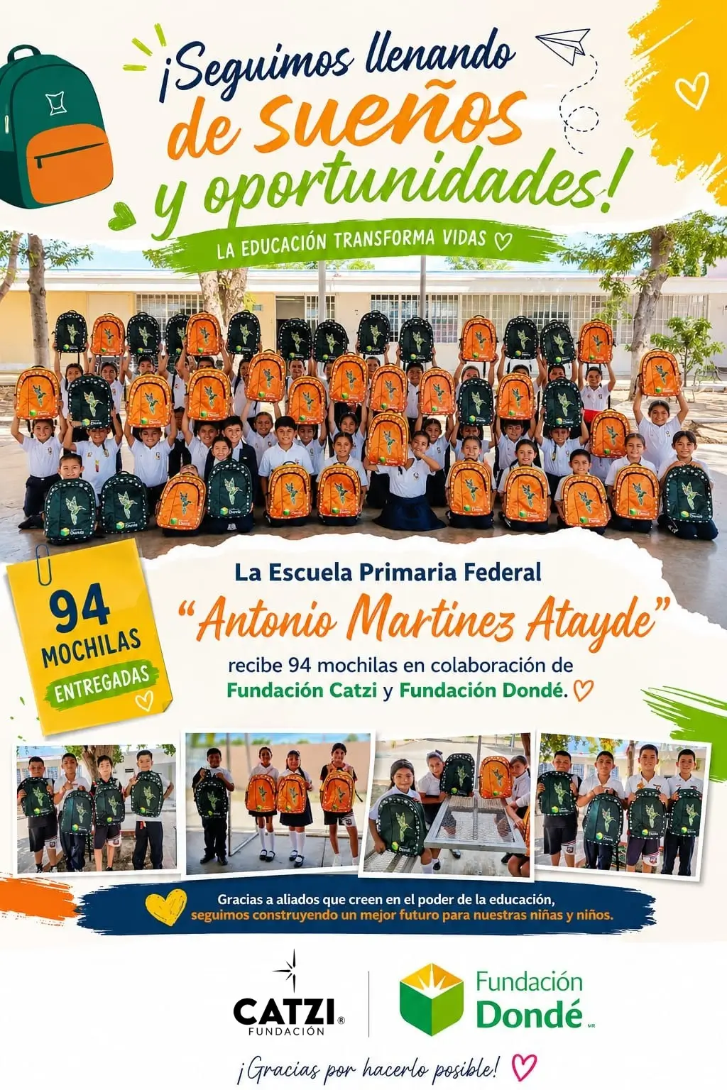 Entrega de 94 mochilas escolares de Fundación Catzi y Fundación Rafael Dondé a la Escuela Primaria Antonio Martínez Atayde en Mazatlán