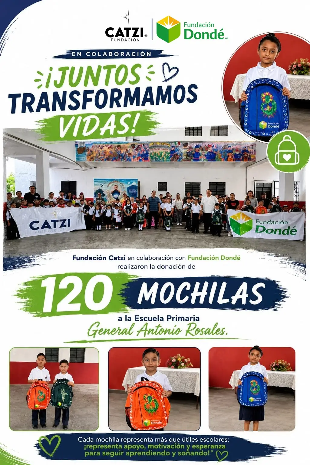 Entrega de 120 mochilas escolares de Fundación Catzi y Fundación Rafael Dondé a la Escuela Primaria General Antonio Rosales en Mazatlán