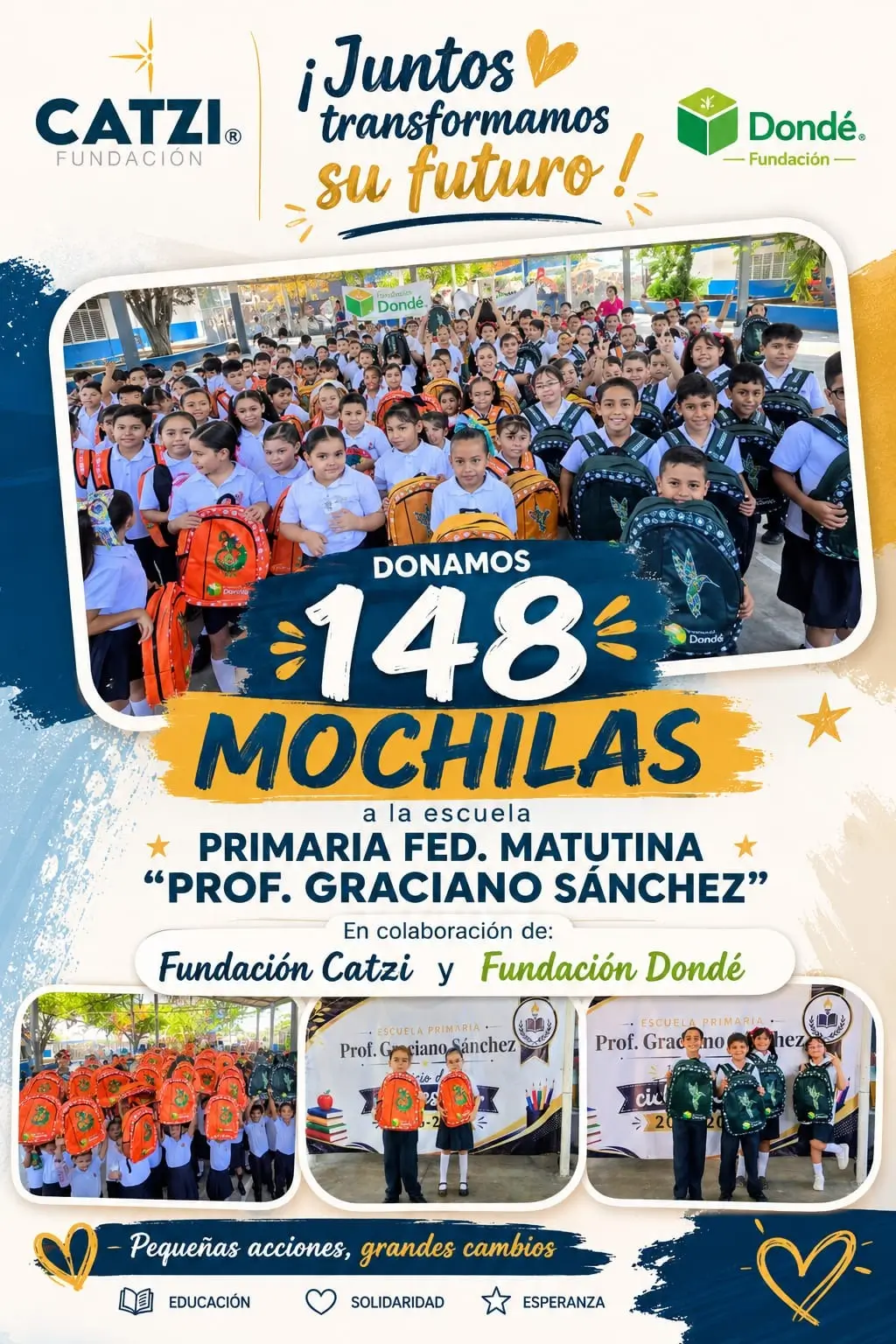 Entrega de 148 mochilas escolares de Fundación Catzi y Fundación Rafael Dondé a la Escuela Primaria Federal Matutina Profesor Graciano Sánchez en Mazatlán