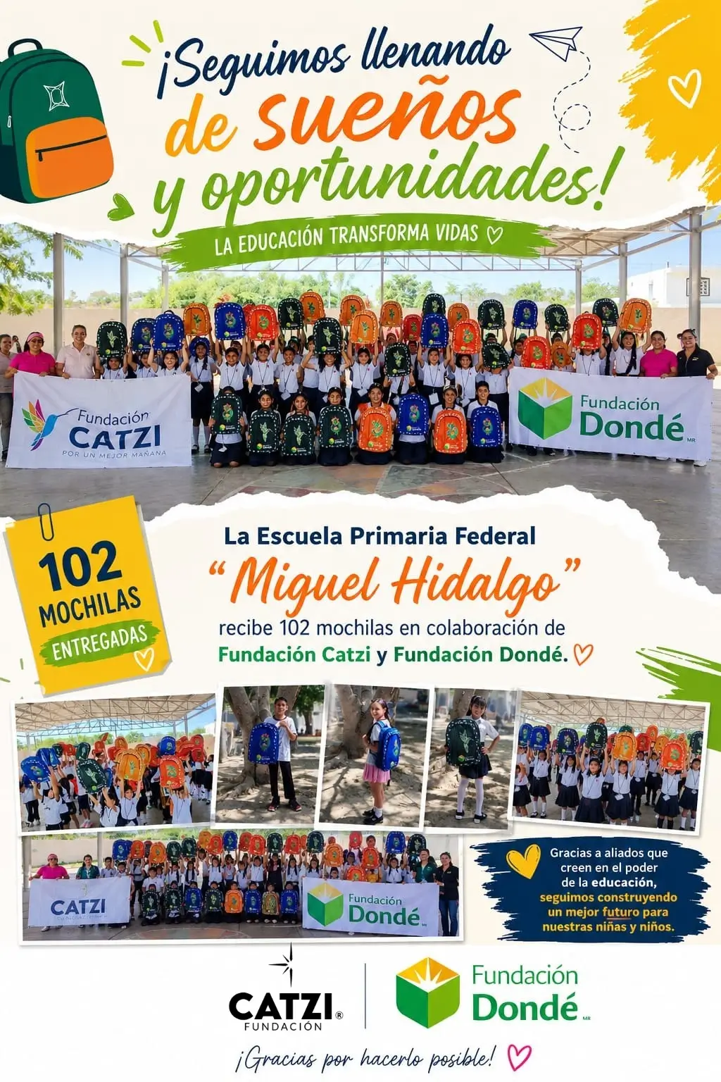Entrega de 102 mochilas escolares de Fundación Catzi y Fundación Rafael Dondé a la Escuela Primaria Federal Matutina Miguel Hidalgo en Mazatlán