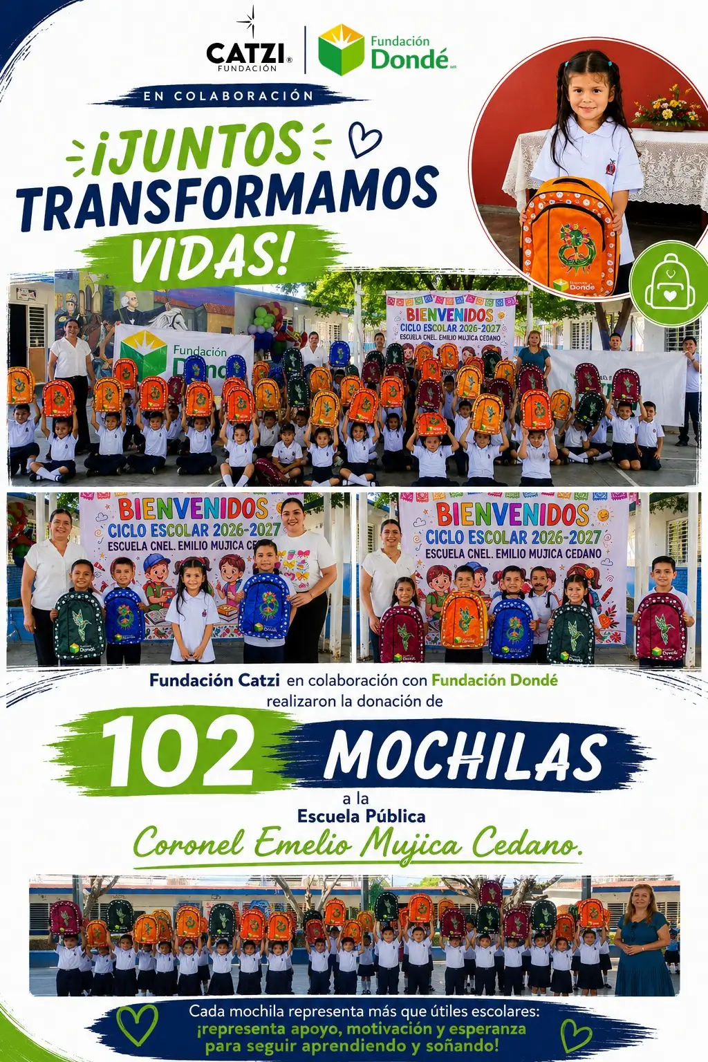 Entrega de 102 mochilas escolares de Fundación Catzi y Fundación Rafael Dondé a la Escuela Primaria Federal Vespertina Coronel Emilio Mújica Cedano en Mazatlán